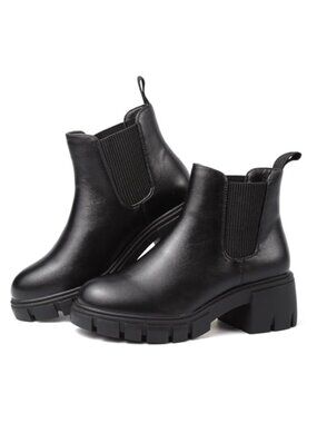 Women's Chelsea Ankle Boots PU Leather Chunky Block Heel Lug Sole
